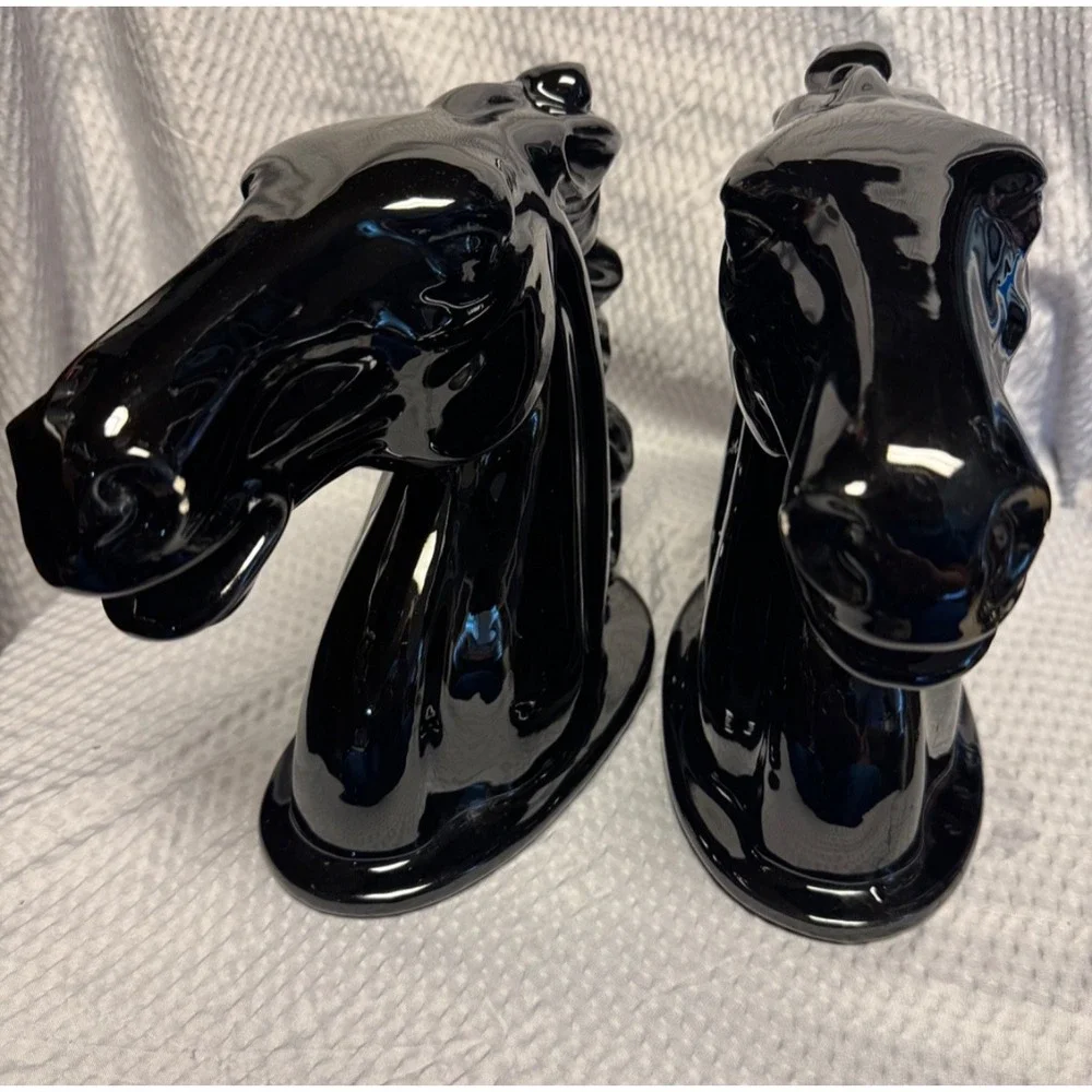 Vintage Pair High Shine Glazed Black Stallion Horse Head Bookends Sculptures
